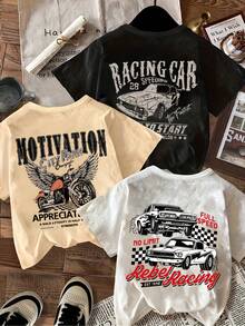 1 camiseta vintage con temática de carreras - Camiseta casual de manga corta con cuello redondo, con diseños de "carreras" y "motivación", un imprescindible de verano, con un tema de gratitud y fuerza, cómoda para el uso diario. |   Impresión de Coche Clásico |   Camiseta de cuello redondo - Albaricoque - Ver 7