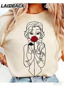 Vintage Camiseta Oversized con Estampado Gráfico "Princess & Rose" de LAIDBACK, Unisex, Manga Corta, Cuello Redondo, Estilo de Cuento de Hadas Caprichoso, Diseño Minimalista de Arte Lineal, Perfecta para Noches de Cine, Salidas Casuales, Uso Diario y para Fanáticos del Estilo de Cuentos de Hadas, Regalo Ideal para la Generación Z, Amantes de la Comodidad, Tejido de Algodón Suave y Transpirable, Color Blanco. Moda 100% Algodón - Albaricoque - Ver 8