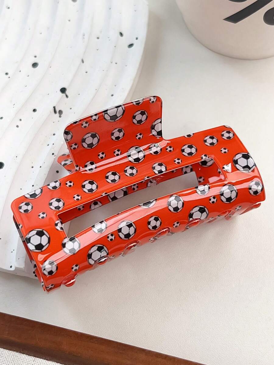 红色足球图案发夹，可爱运动印花大号长方形发夹，防滑亚克力材质，适合各种发质，是运动爱好者夏季沙滩发夹度假发饰的理想之选。