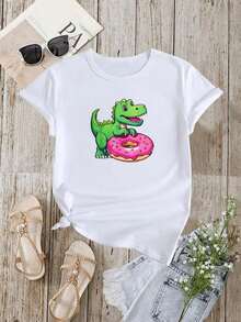 Camiseta de Mujer con Dinosaurio y Donut Divertido Estampado de Dino Comiendo Dona Rosa para Mujeres Moda Casual Verano 2024 Camiseta Blanca con Diseño Kawaii para Adolescentes y Adultas Y2k Camiseta Camisa De - Blanco - Ver 2