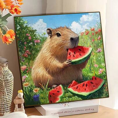 1pc New 5D Round Acrylic Diamond Painting, Featuring "Capybara Eating Watermelon" Theme, Created Through Mosaic Craft, Suitable For Home Wall Decor, Possesses Handmade Artistic Touch. Can Be Given As Holiday Gift To Girlfriend, Parents, Friends To Convey Heartfelt Wishes, Adding Warmth And Fun To Space, A Unique Handmade Home Decor Treasure. No Frame