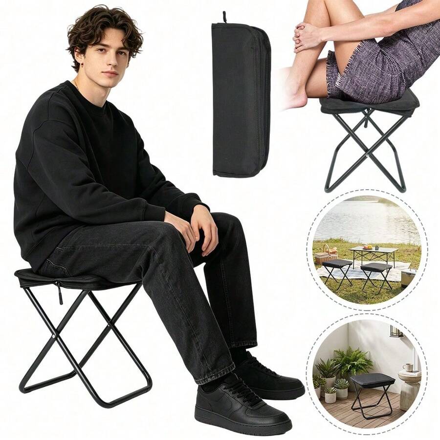 Klappbarer Hocker & Handtasche 2-in-1 – X-förmige Struktur, bis 120 kg Tragfähigkeit, verwandelbar von stylischer Tasche zu Hocker oder Fußstütze. Ideal für Reisen, Wandern, Angeln, Camping, Picknick, Konzerte, Warteschlangen oder Yoga – platzsparend & leicht zu tragen. - Schwarz - Übersicht 1