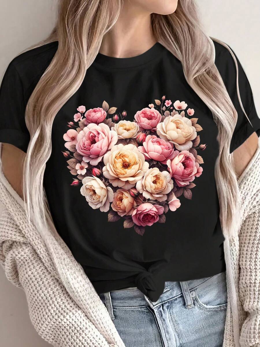 Women's Short-Sleeved Cotton T-Shirt, Light Gray With Heart And Flower Print - Breathable, Round Neck, Casual, For Summer, With Pink And White Rose Design, Perfect For Spring And Summer Outfits, Ladies' T-Shirts. - 黑色 - 查看 1