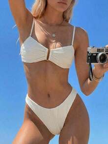 Swim Conjunto de bikini de verano para mujer de unicolor con pliegues y sexy - Blanco - Ver 3