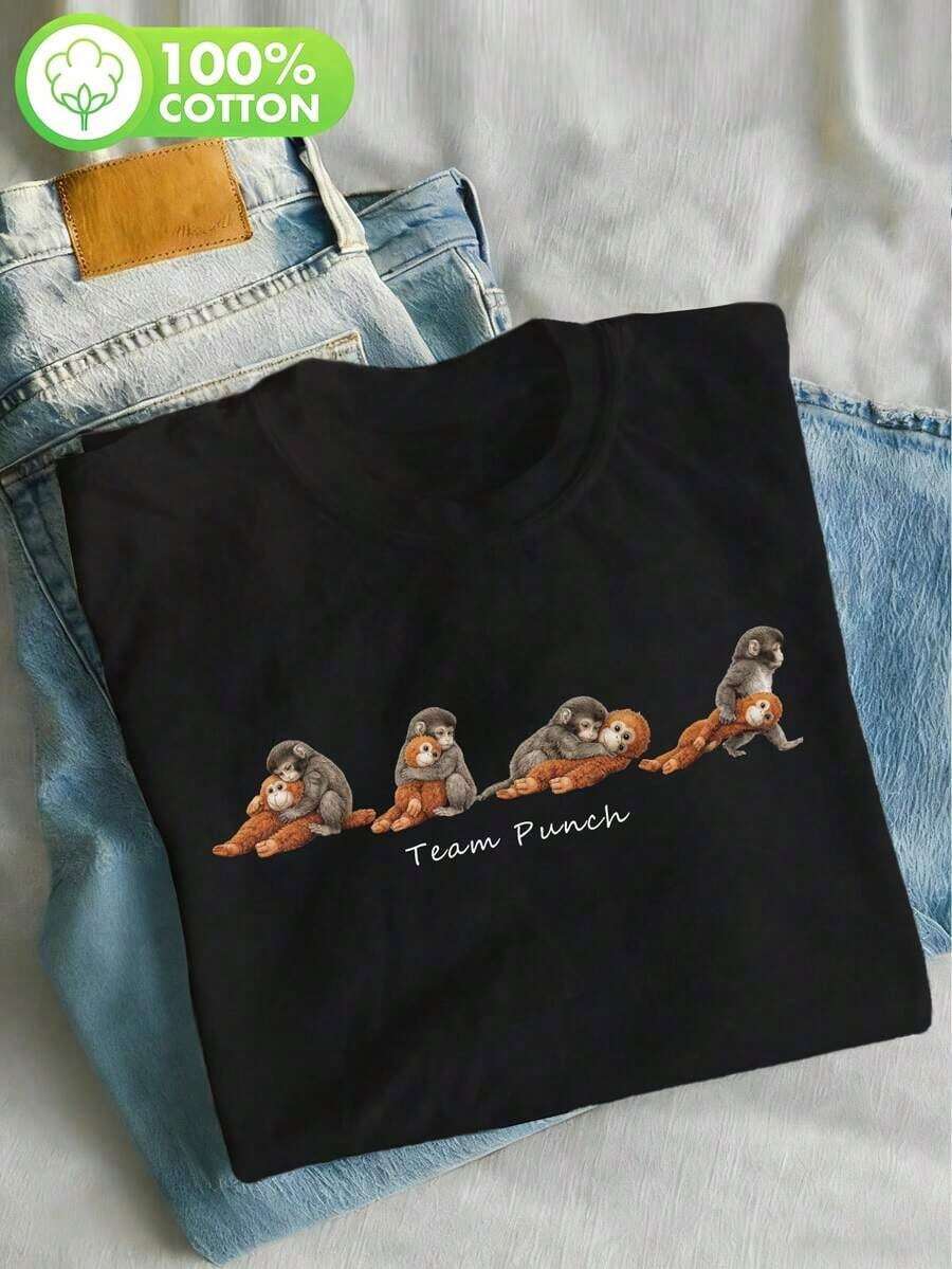 1 pieza de camiseta de algodón puro con estampado de mono para mujer, camiseta de manga corta con cuello redondo, estilo casual de verano, regalo para amantes de los animales, linda camiseta para el Día de la Madre, para uso diario – regalo para mamá. 180g 100% algodón, los diseños están completamente impresos. Unisexo. - Negro - Ver 1