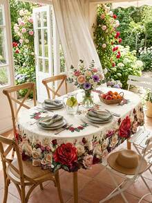 1pc Vintage Rose Floral Garden Print Tablecloth, Romantic European Farmhouse Style Polyester Rectangular/Oval Table Cover With Red Rose, White Rose, Flower Bouquet, Green Leaf Botanical Pattern, Decorative Dining Tablecloth - Multicolor - View 4