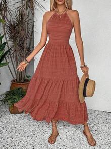 Vestido de verano con textura para mujer con unicolor, tirantes en la espalda y volante en el bajo, perfecto para looks de vacaciones, vestido largo para vacaciones y playa - Color caoba - Ver 4