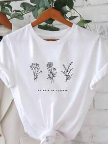 How Can Flowers Bloom Without Facing Wind And Rain? Women's Short-Sleeved T-Shirt With Wildflower Print, Round Neck, Urban Vintage Style, Unisex, Loose Fit, Cotton, For Spring/Summer. - 白色 - View 1