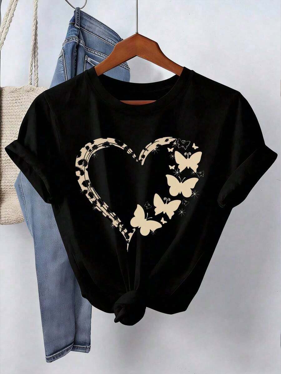 Women's Casual Shirt Print T-Shirt, Short Sleeve And Round Neck, Local Spring/Summer Urban Fashion. - 黑色 - 查看 1