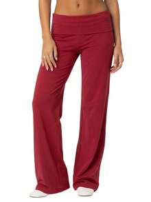 Women's Spring Summer Baggy Pants Foldover Waist Solid Color Loose Wide Leg Pants - Red - View 1