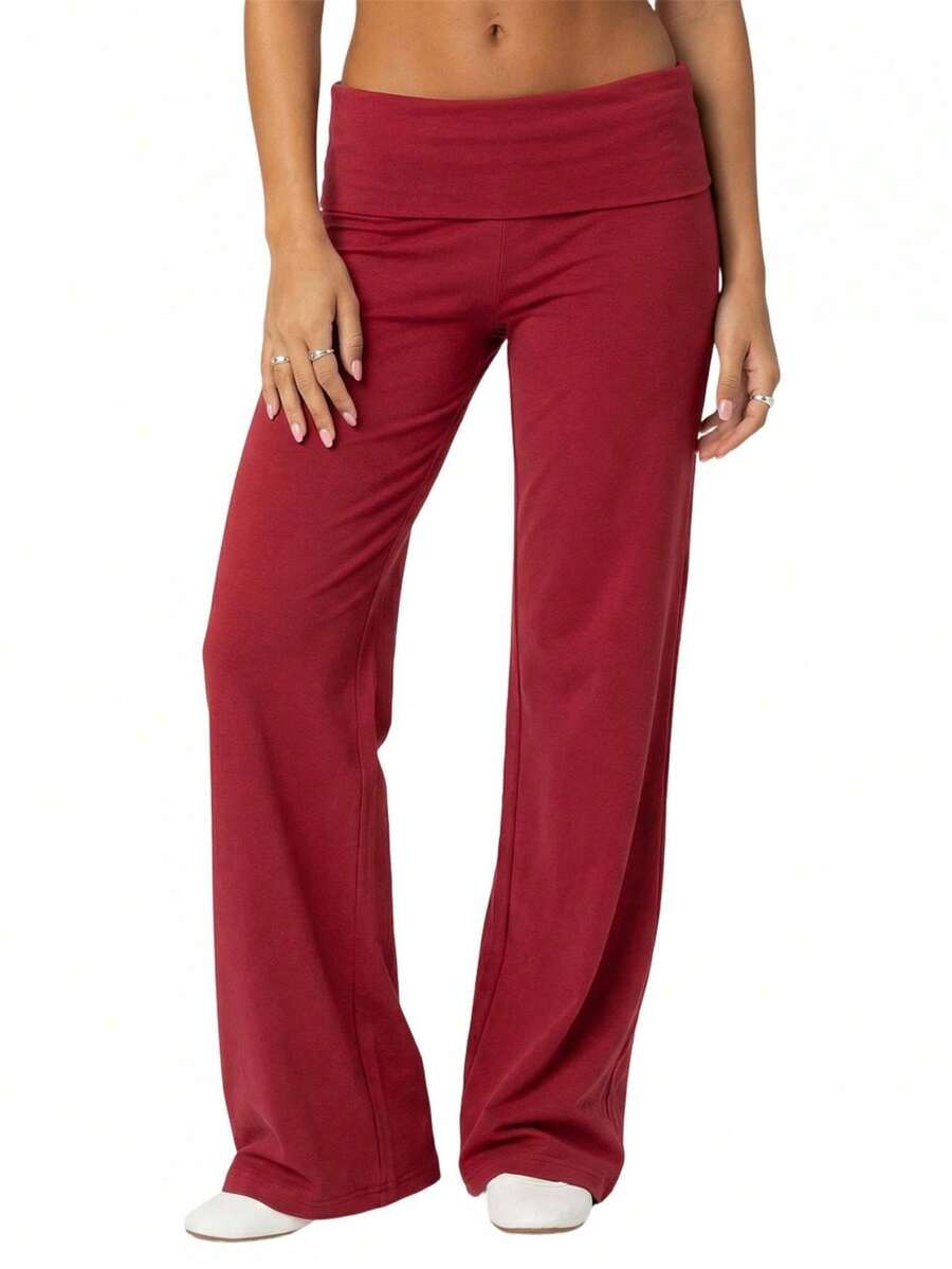 Women's Spring Summer Baggy Pants Foldover Waist Solid Color Loose Wide Leg Pants - Red - View 1