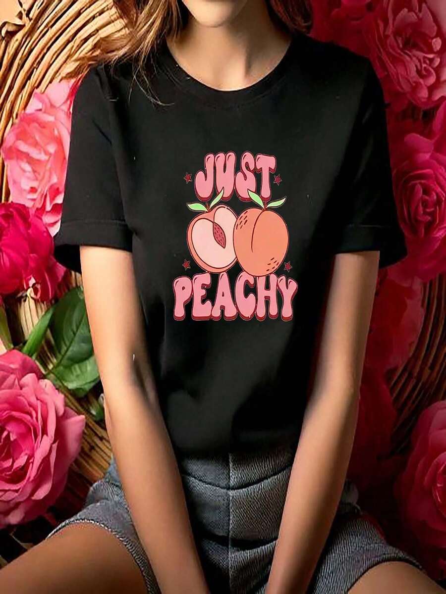 VivaGlam-Womens Black Cotton T-Shirt Just Peachy Graphic Design for a Fun and Playful Look - Negro - Ver 1