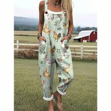 (Free Shipping)Women's Farm Chicken Floral Print Knit Overalls With Pockets, Machine Washable, Casual Vacation Outfit, Versatile For Daily Wear & Sports - Multicolor - View 3