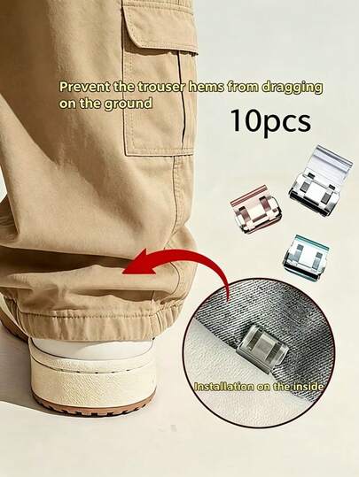 10 piezas de Clips de sujeción invisibles que acortan la pierna del pantalón, evitando que las piernas toquen el suelo. Ocultan el mecanismo de cierre de hebilla en las piernas sin necesidad de coser, y utilizan clips enrollados para evitar que las piernas se arrastren por el suelo.