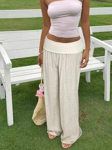 Women's Low Waisted Pants Solid Color Wide Leg Loose Fit Trousers Women Comfortable Casual Daily Wear - Beis - Ver 6