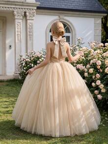 Tween Girl Sleeveless Halter Bow Pearls Tulle Princess Dress, Suitable For Birthday Party, Wedding, Flower Girl, Prom, Holiday Occasions - Champagne - View 4