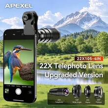APEXEL 四合一手机相机镜头套装，包含 22 倍长焦镜头/205° 鱼眼镜头/120° 广角镜头/微距镜头，专业单筒望远镜带三脚架，适用于户外露营、音乐会、体育赛事等多种场合。 - 查看 2