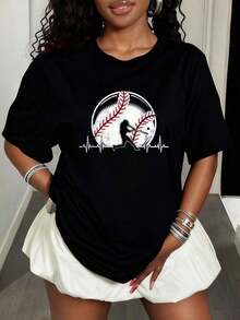 PremiumRegalos de latido de corazón de béisbol para chicos que aman el béisbol, camiseta gráfica, camisetas de moda casual para mujeres, estilo de tops Eco-Friendly - Negro - Ver 9