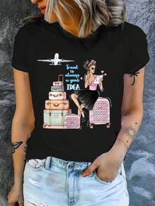 Camiseta Gráfica de Viaje para Mujer - Diseño "Viajar es una Buena Idea" con Ilustración de Maleta y Avión, Cuello Redondo Casual, Manga Corta, Tela de Fácil Cuidado, Perfecta para Todas las Temporadas Y2k Camiseta Camisa De Y2k Camiseta Camisa De - Negro - Ver 10