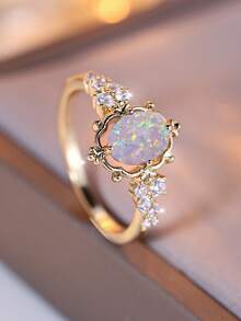 Vanel 1 chiếc nhẫn sang trọng kiểu cung điện cổ điển hình quả trứng, đính đá Cubic Zirconia, thích hợp cho phụ nữ dự tiệc và các dịp lễ. - Vàng kim - Trắng ngọc trai - Trắng - Xem 4