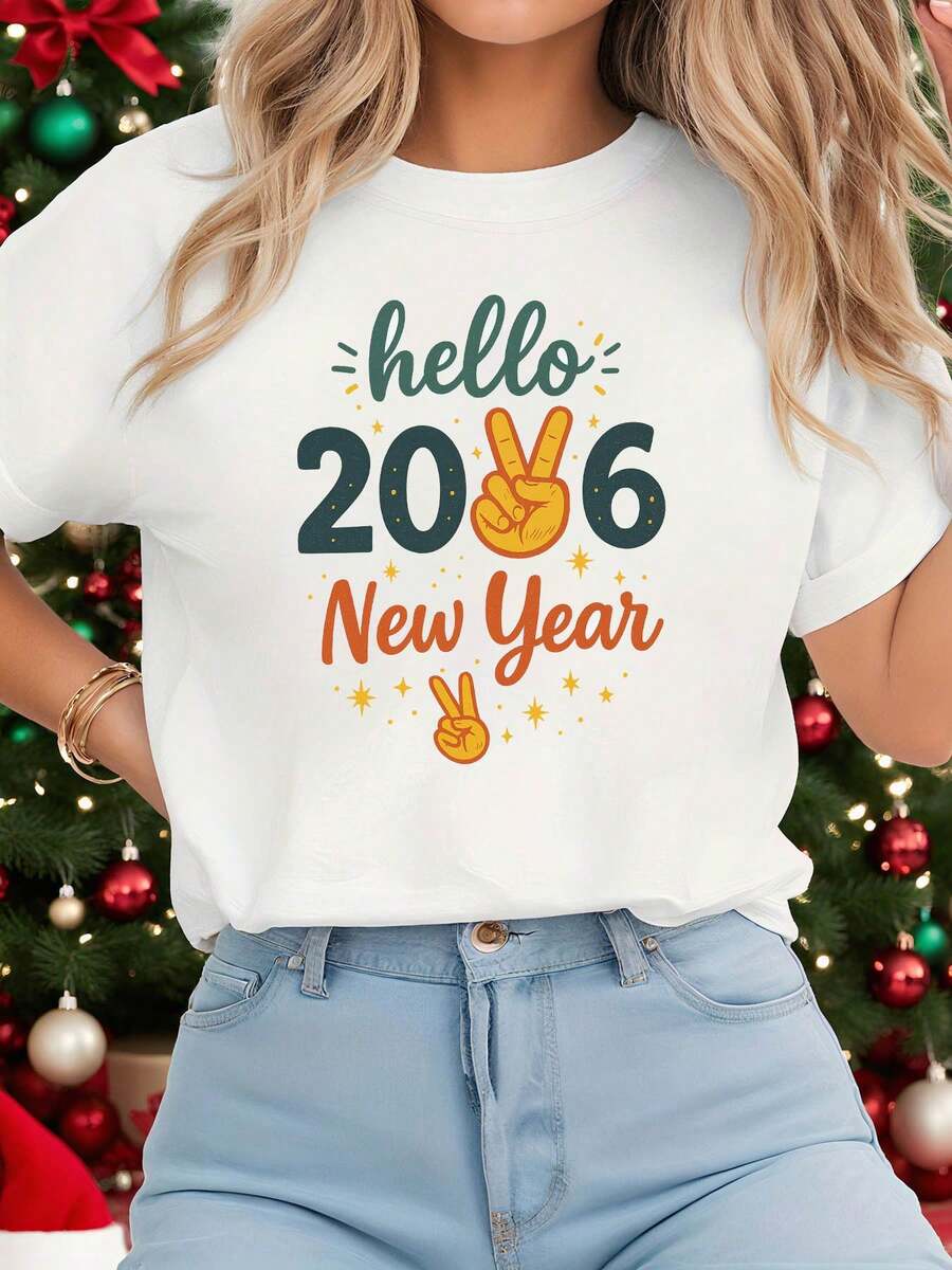 Hola, Camiseta con Estampado de Letras de Año Nuevo 2026, Manga Corta, Cuello Redondo, Top Casual para Verano y Primavera, Ropa de Mujer Y2k Camiseta Camisa De - Negro - Ver 1