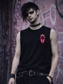 Camiseta de tirantes con estampado de calavera gótico punk para hombres, estilo callejero con ajuste muscular - Negro - Ver 3