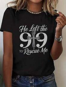 Women's Christian Faith T-Shirt - Design With Bible Verse "He Left The 99 To Rescue Me" And Cross And 99 Print - Soft Crew Neck, Casual For Everyday Wear And Church - Christian T-Shirts For Ladies 2026 - 黑色 - 查看 7