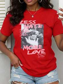 Camiseta de Mujer Casual de Color Sólido con Estampado, Cuello Redondo, Talla Grande, Adecuada para el Hogar, Deportes, Compras, Suave y Cómoda, Ideal para Primavera y Verano 2026 - Rojo - Ver 7