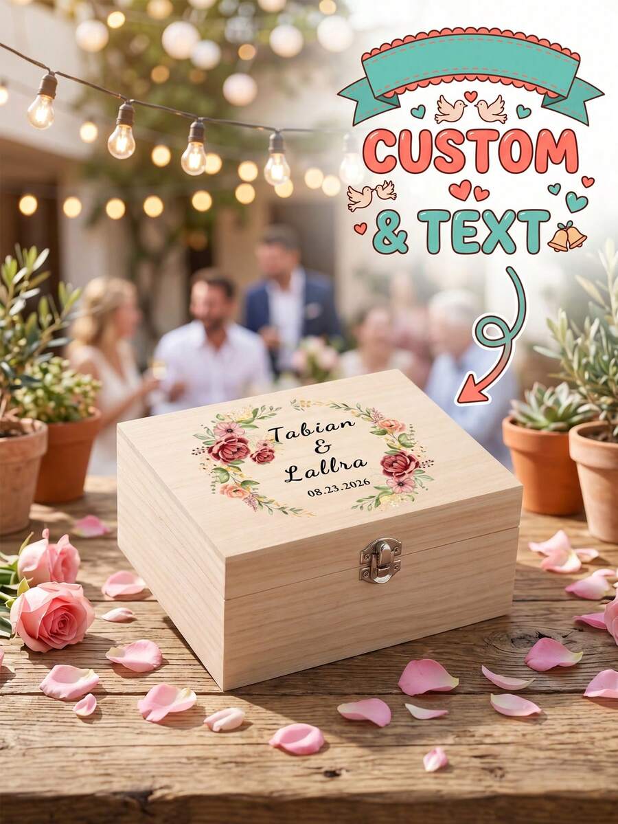 1pc Custom Wedding Wooden Keepsake Box, Personalized Names & Date Memory Box With Floral Wreath Design, Wedding/Bridal Shower Gifts, Party Desktop Decoration Gift Box, Engagement Gift Box - Multicolor - View 1