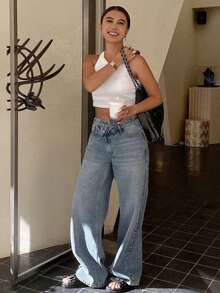 Jeans rectos de cintura baja con banda de cintura elegante para mujer - Azul - Ver 7