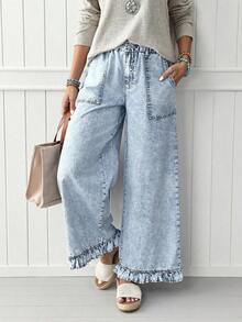 Pantalones vaqueros de pierna ancha con cintura elástica y bajo con volantes para mujeres - Lavado ligero - Ver 9