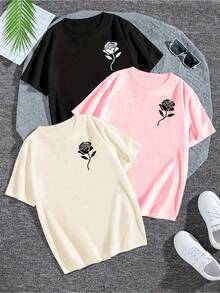 Camiseta casual de mujer con estampado de rosas, conjunto de 1 pieza - Albaricoque - Ver 1