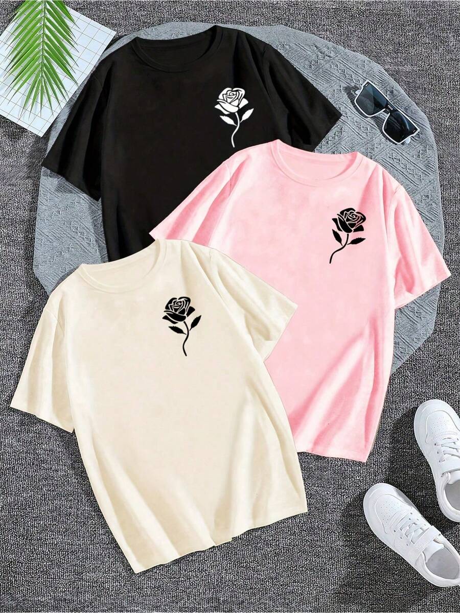 Camiseta casual de mujer con estampado de rosas, conjunto de 1 pieza - Albaricoque - Ver 1