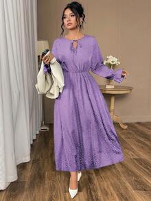 Vestido largo holgado de manga larga con estampado de lunares para talla grande - Morado - Ver 3