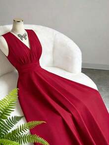 Nuevo vestido largo de estilo vintage francés elegante para primavera/verano con diseño de resort, cuello en V, sin mangas, cintura ceñida y línea A. Uso casual diario, playa, adecuado para mujeres - Burdeos - Ver 3