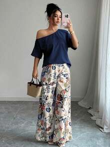 2 piezas Conjunto de top asimétrico de cuello sólido y pantalones con estampado tropical, estilo casual de vacaciones - azul real - Ver 3