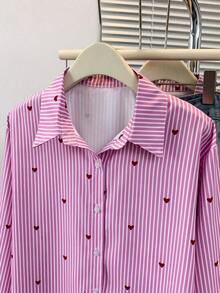 Blusa de mujer con cuello polo, estampado de corazones y rayas - Camisa casual de manga larga con botones, adecuada para uso diario en primavera, verano y otoño - Rayas rosas - Ver 5