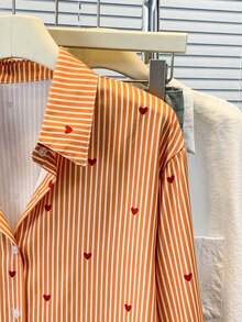 Blusa de mujer con cuello polo, estampado de corazones y rayas - Camisa casual de manga larga con botones, adecuada para uso diario en primavera, verano y otoño - Naranja - Ver 6