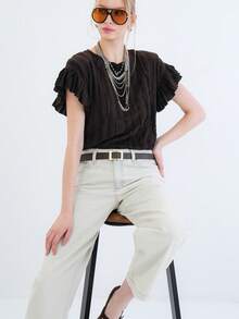 A Textured Short-Sleeve Top Featuring A Classic Round Neckline And Softly Ruffled Sleeves. Designed With A Lightweight Feel And An Easy Silhouette, This Versatile Piece Adds A Subtle Statement To Everyday Styling. - Brown - View 4