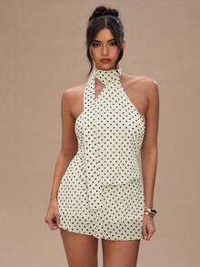 Vestido mini de mujer con estampado de lunares, estilo vacacional, de escote de halter - Blanco - Ver 7
