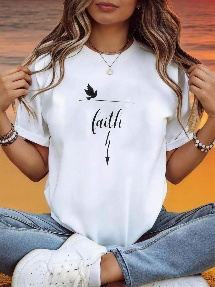 Women's Elegant T-Shirts With Bird And Arrow Design, For Everyday Wear And Pre-Shrunk | Fashionable Women's Top | RGVO Women's Everyday Top - 白色 - 查看 1