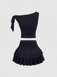 Conjunto de top de tirantes y minifalda plisada y con decoración de flores metálicas para mujer, ideal para el verano - Azul marino - Ver 4