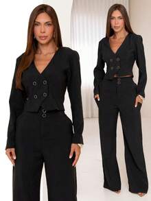 Women's Tailored Set: Blouse, Vest, And Wide-Leg Pants - Elegant And Casual - màu đen - Xem 1