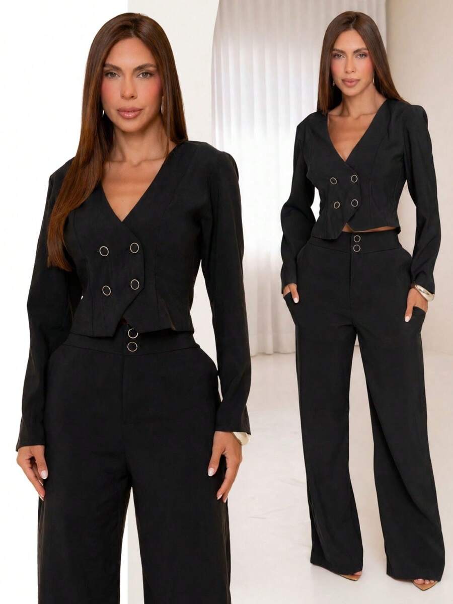 Women's Tailored Set: Blouse, Vest, And Wide-Leg Pants - Elegant And Casual - màu đen - Xem 1