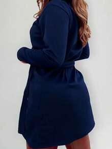 Women's Polyester Overcoat With Buttons - Winter Fashion - Navy Blue - View 2