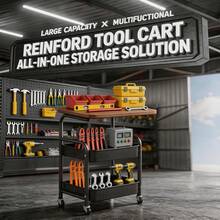 Heavy-Duty Mobile Tool Cart, Three-Tier Multi-Functional Tool Storage Cart, Equipped With Pegboard Storage Rack, Solid Wood Workbench, And Lockable Caster Wheels. Suitable For Garages, Workshops, Auto Repair Shops, And Warehouses. Industrial-Grade Storage Rack. - White - View 4