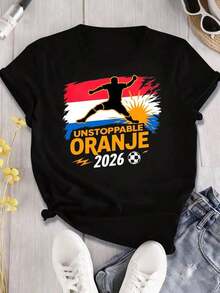Camiseta Casual Unisex Nueva y Popular 2026 - Camiseta y Sudadera de Fútbol de Holanda - Camiseta con Frase Nacional Oranje - Camiseta Divertida con Estampado de la Copa Mundial 2026, Cuello Redondo y Manga Corta - Negro - Ver 1