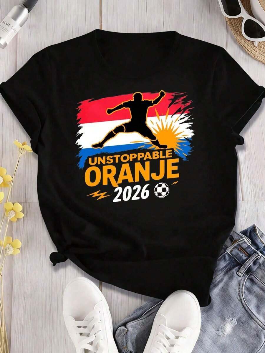 Camiseta Casual Unisex Nueva y Popular 2026 - Camiseta y Sudadera de Fútbol de Holanda - Camiseta con Frase Nacional Oranje - Camiseta Divertida con Estampado de la Copa Mundial 2026, Cuello Redondo y Manga Corta - Negro - Ver 1