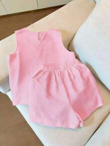 Conjunto de top de tirantes y shorts con bordado floral diminuto - Rosa - Ver 2