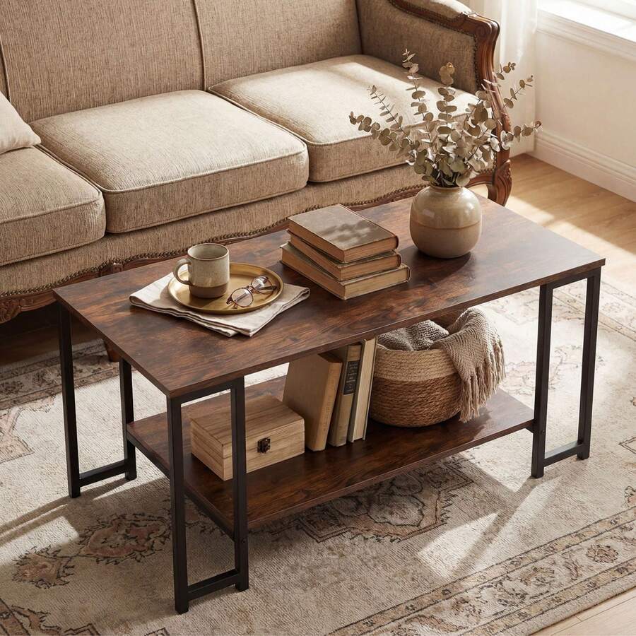 COSTWAY 2-Tier Coffee Table, Modern Accent Table With Open Storage Shelf, Living Room Center Table With Heavy-Duty Metal Frame, Rectangular Cocktail Table For Apartment Lounge, Rustic Brown/White & Gold - Brown - View 1